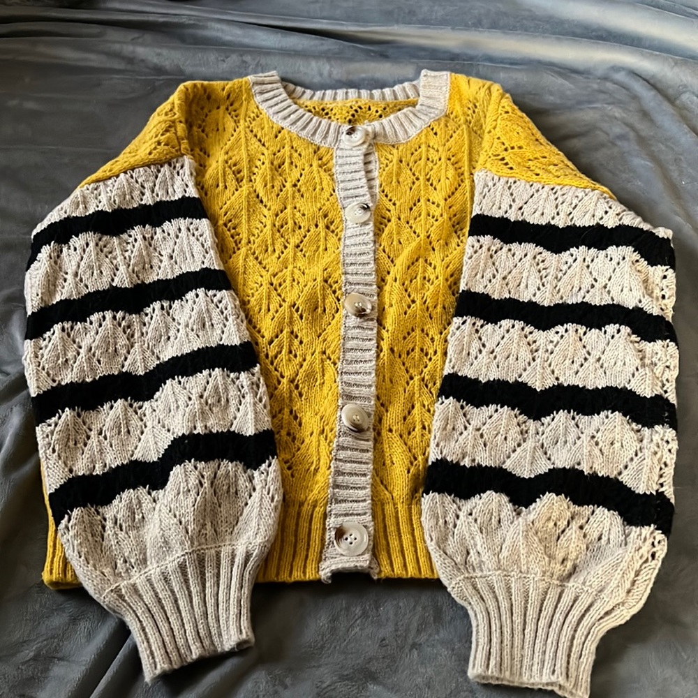 Adorable cardigan yellow with striped sleeves. NWOT